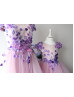 Pink Lavender Floral Appliques Tulle Dreamy Flower Girl Dress